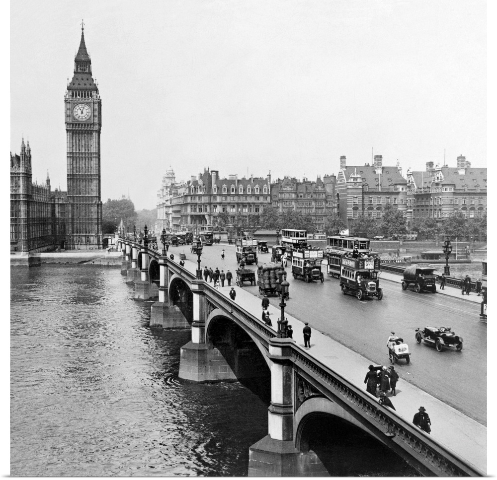 Westminster Bridge with Big Ben and the Houses of Parliament in the background. Stereograph, c1926.