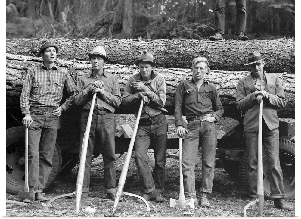 Five lumberjacks of the Ola self-help sawmill cooperative, Gem County, Idaho. Photograph by Dorothea Lange, October 1939.