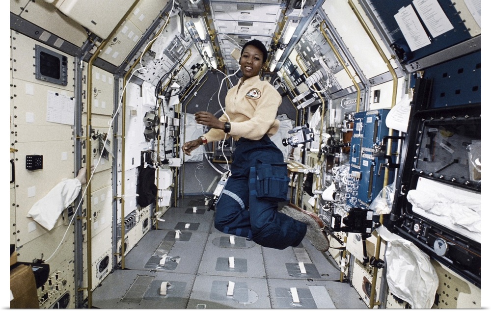 MAE JEMISON (1956- ). American astronaut and physician. Photographed in zero gravity onboard the Space Shuttle Endeavour d...