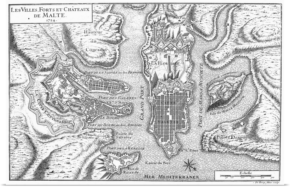 Malta, Valetta Map, 1724. Plan Of the City And Harbor Of Valletta And Environs, Showing the Fortifications Existing In 172...