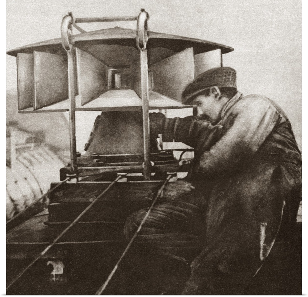 Man equipping a Parisian rooftop with an air raid siren World War I. Rotogravure, c1916.