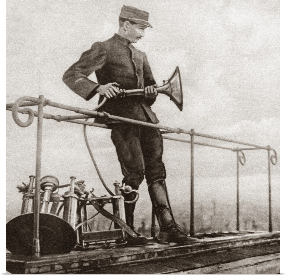 Man with an air raid siren in Paris, France, during World War I. Rotogravure, c1916.