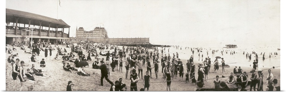 Crowd at Manhattan Beach situated on the eastern end of Coney Island, Brooklyn, New York. Panorama, c1902.