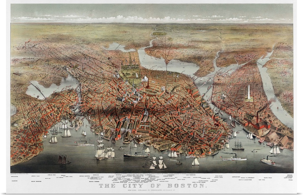 Map, Boston, C1873. 'The City Of Boston.' Bird's-Eye View Of Boston, Massachusetts. Chromolithograph, c1873.