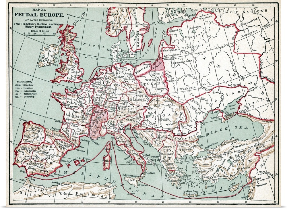 Map Of Europe, 12th Century. A 19th Century Map Of Europe As It Was Politically Constituted In the 12th Century.