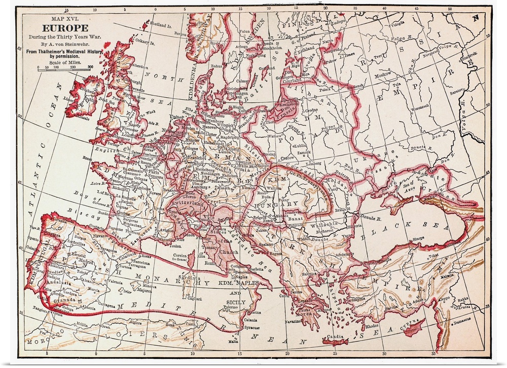 Map, Thirty Years' War. Map Of Europe During the Thirty Years' War, 17th Century.