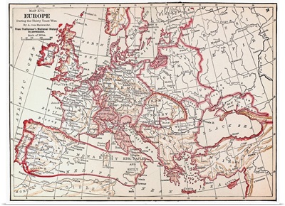 Map Of Europe During the Thirty Years' War, 17th Century