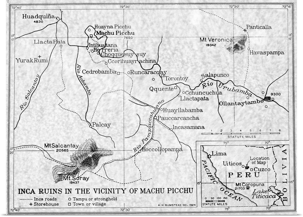 Peru, Inca Ruins Map, 1924. American Map Of Inca Ruins In the Vicinity Of Machu Picchu, Peru, 1924.