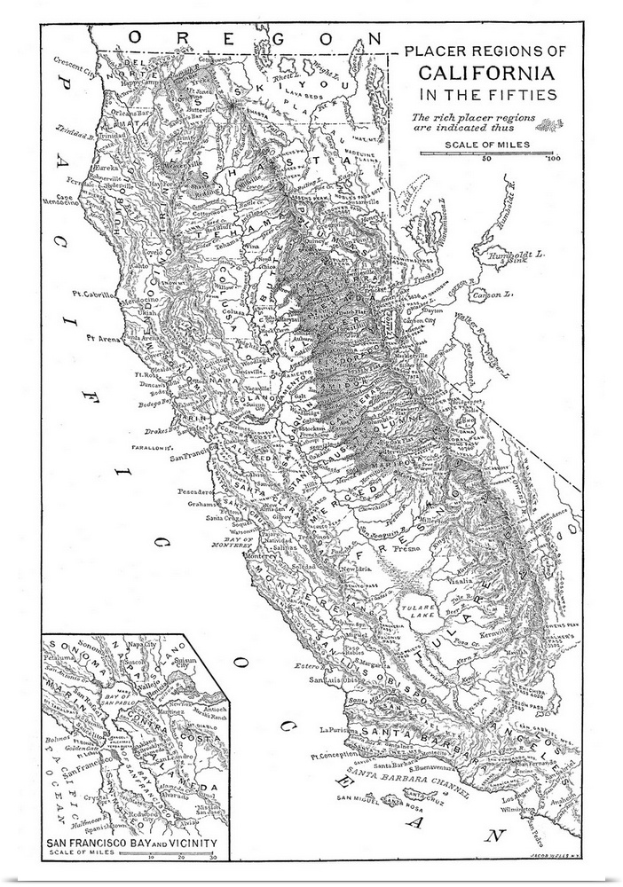 Gold Rush, Map. Map Of the Placer Mining Regions Of California In the 1850s. Engraving, American, Late 19th Century.