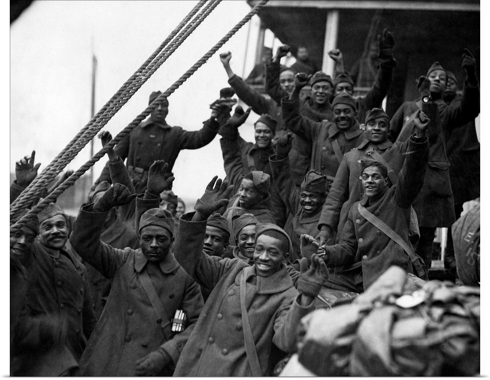 Members of the 369th Infantry Regiment arriving back in New York City. Photograph, c1918.