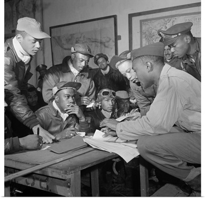 Members of the Tuskegee Airmen in a meeting at Ramitelli, Italy, 1945