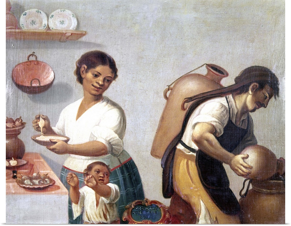 A lower caste family of mixed race in colonial Mexico. Oil on cloth by an unknown artist, c1775.