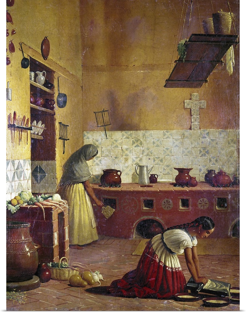 Two women at work in a Mexican kitchen. Painting by an unknown artist, c1850.
