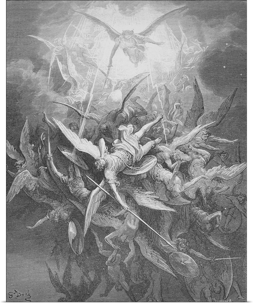 Satan and his rebellious angels are cast out of Heaven (Book I, lines 44-45). Originally a wood engraving after Gustave Do...