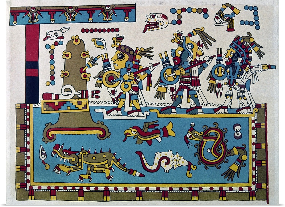 Three canoe-borne warriors (Eight Deer at center) cross a lake to attack an island. Sea monsters swim in the water below t...