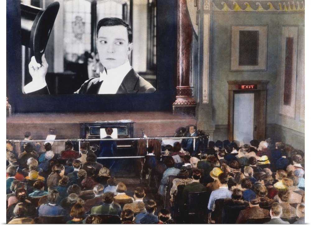 Interior of an unidentified New York City motion picture theatre showing a film with Buster Keaton. Oil over a photograph,...