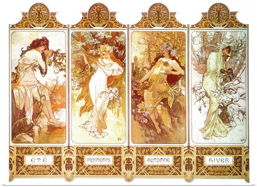 'The Four Seasons' (from left: summer, spring, autumn, winter). Lithograph poster, c1897 by Alphonse Mucha.