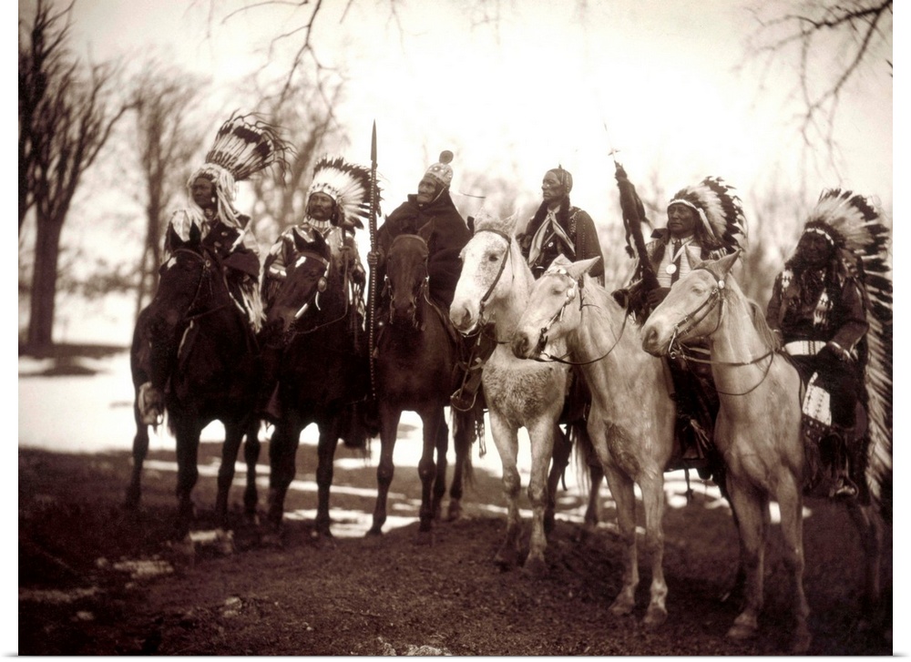 Native American Chiefs. Six Tribal Chiefs, In Ceremonial Attire. Left To Right, Little Plume (Piegan), Buckskin Charley (U...