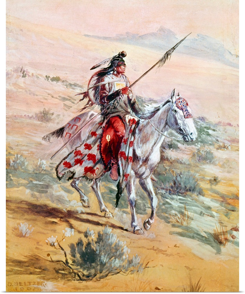 Native American Warrior. A Native American Warrior On Horseback In A Western Landscape. Watercolor, 1906, By Olaf Carl Sel...