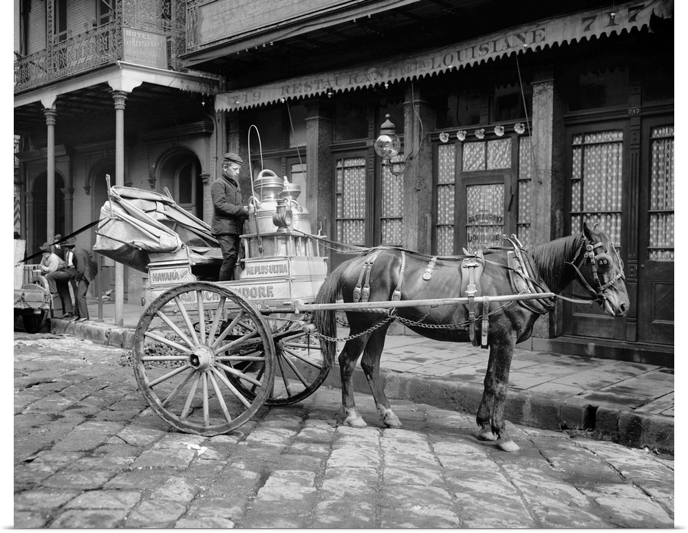 New Orleans, Milk Cart. A Horse-Drawn Milk Cart Outside A Restaurant On A Street In New Orleans, Lousiana. Photographed C1...
