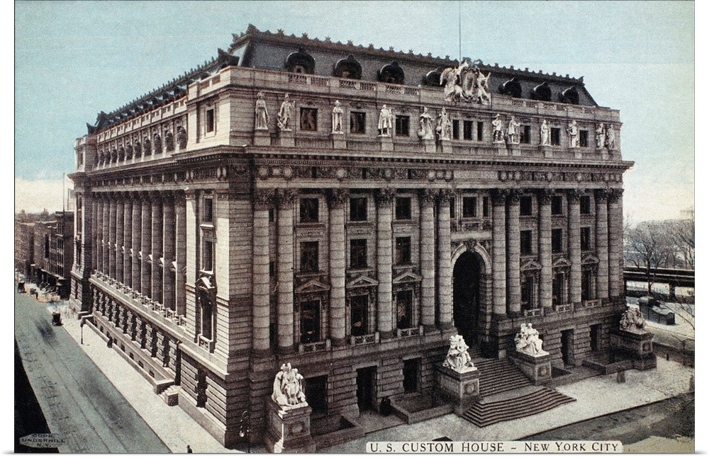 The Beaux-Arts style building was constructed, 1902 to 1907, at Bowling Green in lower Manhattan. American postcard, c1930.