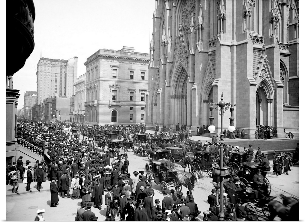 Crowds in front of St. Patrick's Cathedral on Fifth Avenue in New York City on Easer Sunday. Photographed in 1904.