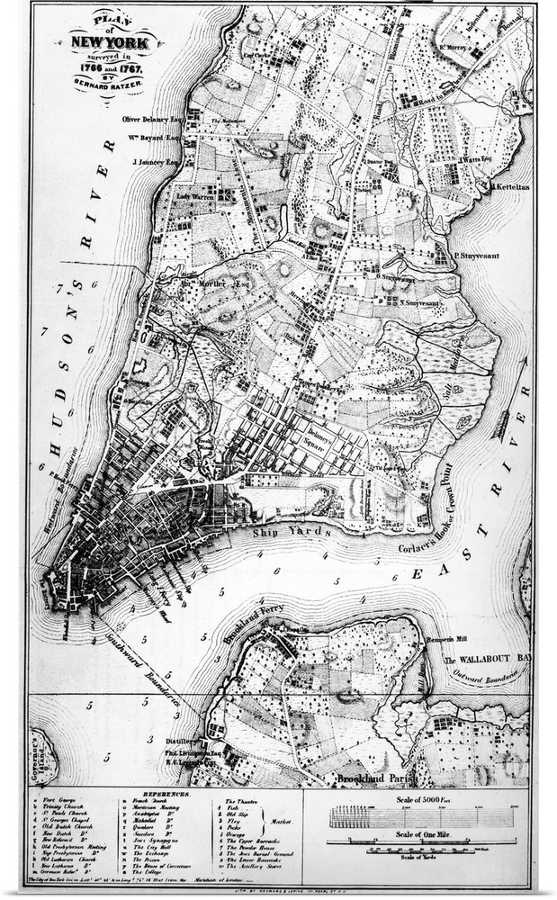 Bernard Ratzer's map of New York, 1767, showing lower Manhattan and parts of Brooklyn.