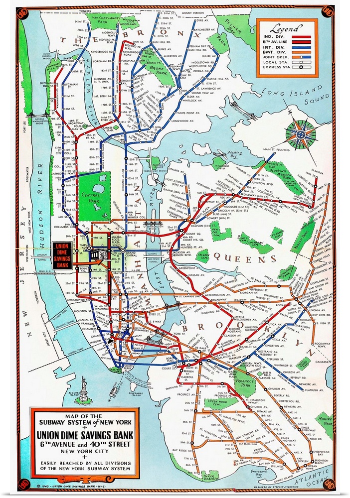 New York, Subway Map, 1940. Map Of the Subway System Of New York City, Published By the Union Dime Savings Bank, 1940.