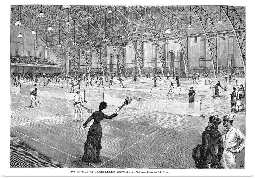 New Yorkers playing tennis at the Seventh Regiment Armory. Engraving, American, 1881.
