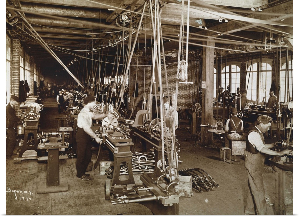 The lathe room of an unidentified New York City factory showing the complete absence of any safety devices, c. 1900.