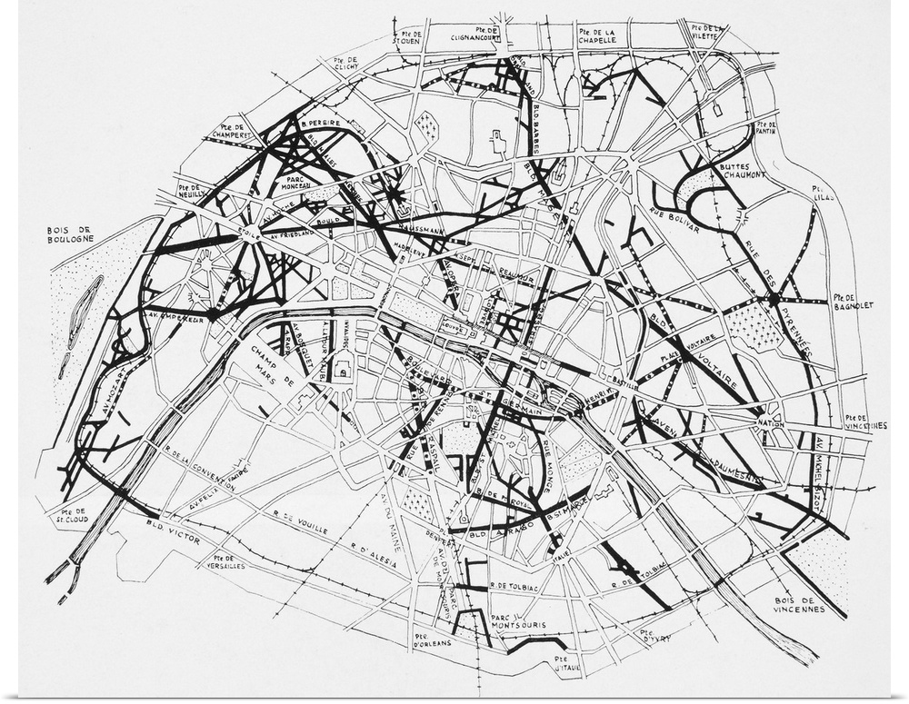 Plan of Paris, France, c1870, showing Georges Eugene Haussman boulevards superimposed in heavy black.