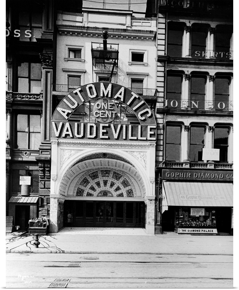 The Automatic One Cent Vaudeville, a peep show arcade at 48 East 14th Street, New York City, 1890s.
