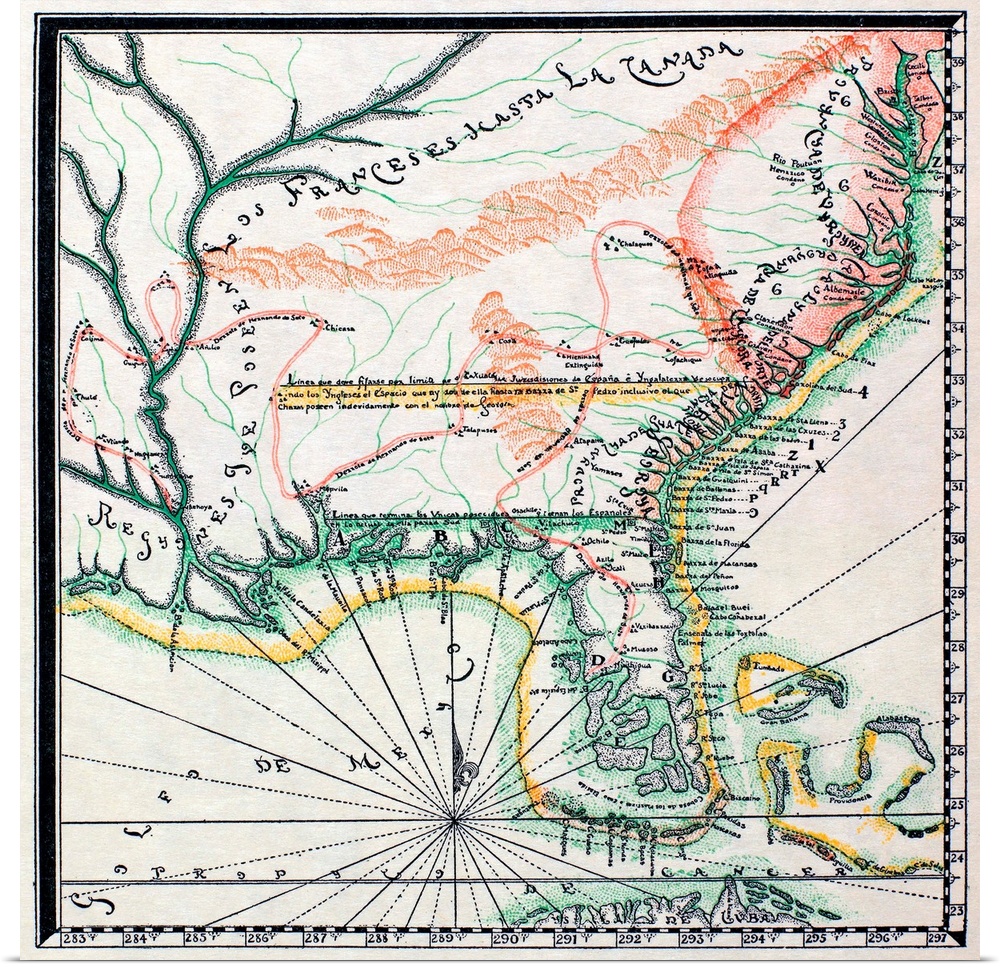 Map, North America, 1742. Possession Of the Spanish And the English In North America, C1742, According To the Treaty Of 16...