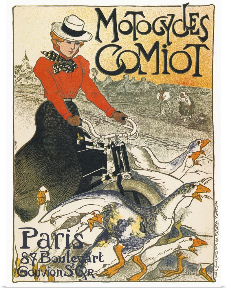 Poster for Comiot motorcycles in Paris, France. Lithograph by Theophile Alexandre Steinlen, 1899.