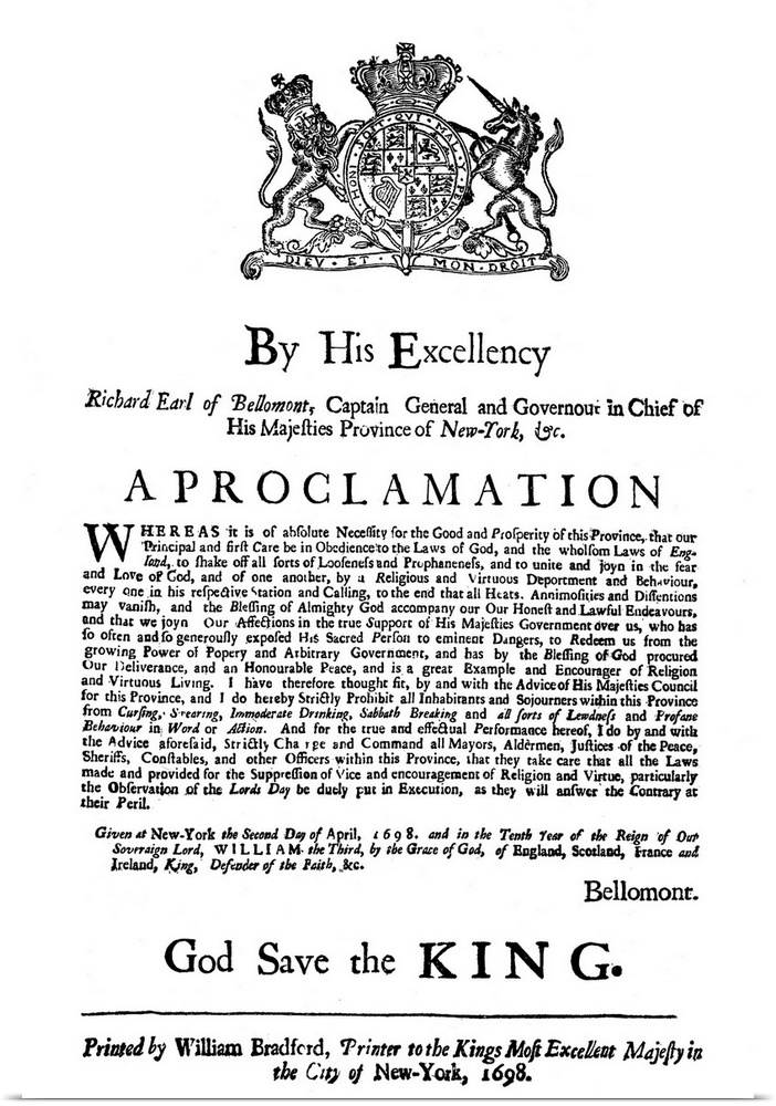 Proclamation by English colonial Governor Bellomont regarding cursing, swearing, sabbath-breaking, etc. Printed by William...