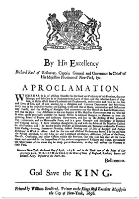 Proclamation by English colonial Governor Bellomont, 1698