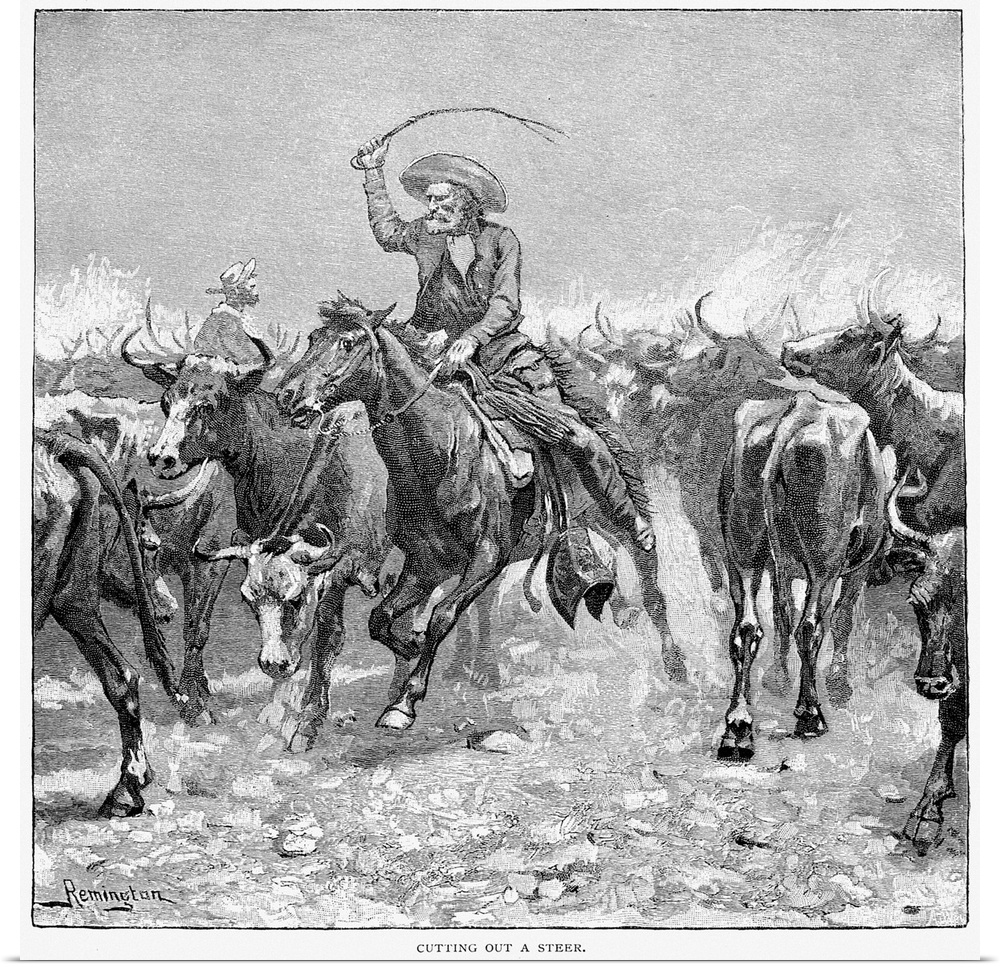 Remington, Cowboys, 1888. 'Cutting Out A Steer.' Wood Engraving, 1888, After A Drawing By Frederic Remington (1861-1908).