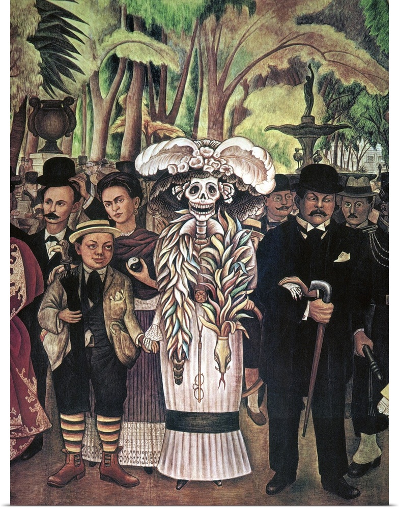 'Dream of a Sunday Afternoon in Alameda Park.' Detail with the Foppish Skeleton, Frida Kahlo, Rivera, Jos? Marti (left) an...