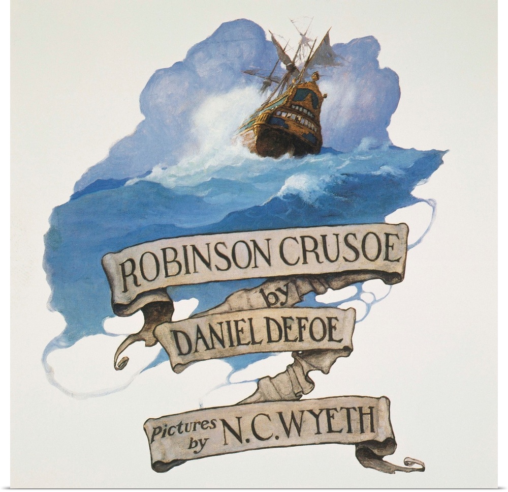 Title page of Daniel Defoe's 'Robinson Crusoe': illustration by N.C. Wyeth.