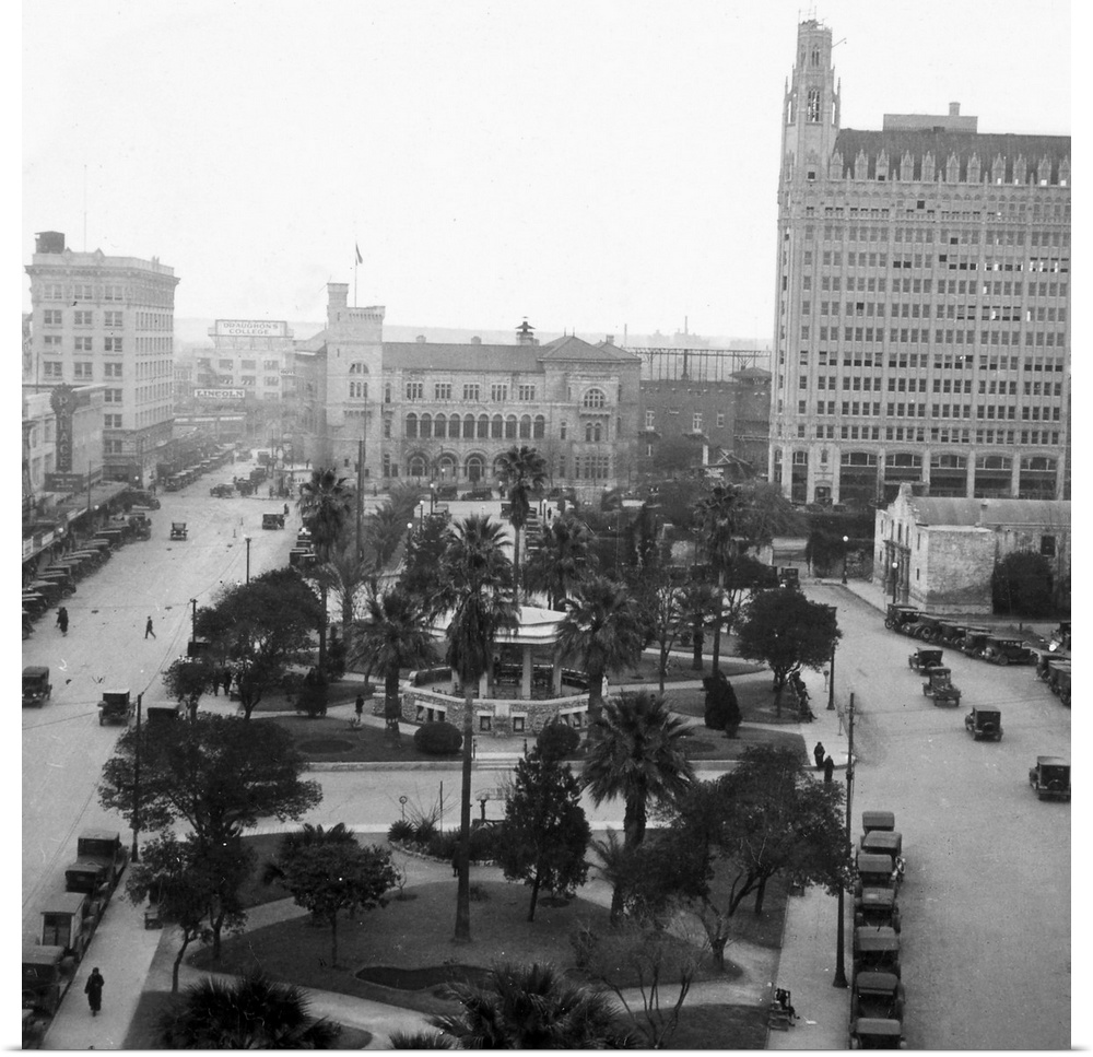 The Alamo Plaza at San Antonio, Texas, with the Alamo Mission at right. Stereograph view, c1920.