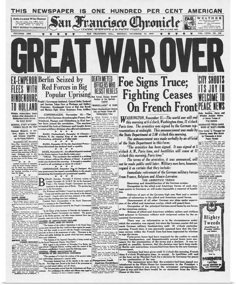 The front page of the 'San Francisco Chronicle,' 11 November 1918, announcing the end of World War I.