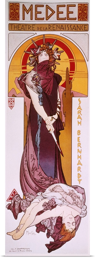 Bernhardt on a lithograph poster by Alphonse Mucha, 1898, depicted in the title role of a production of 'Medee' at her The...