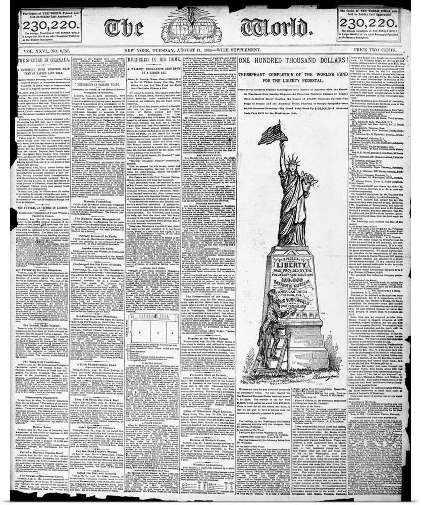 Front page of Joseph Pulitzer's New York newspaper 'The World,' 11 August 1885, hailing the raising of $100,000 for the co...