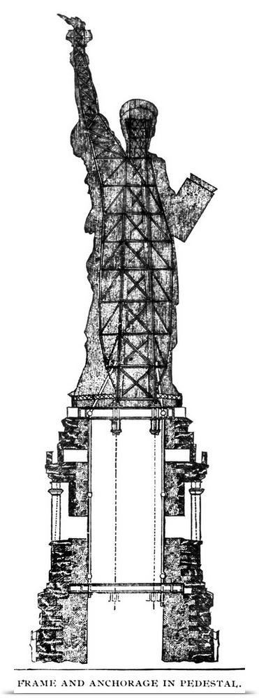 Cross section showing the frame and anchorage in the pedestal of the Statue of Liberty in New York Harbor. Line engraving,...