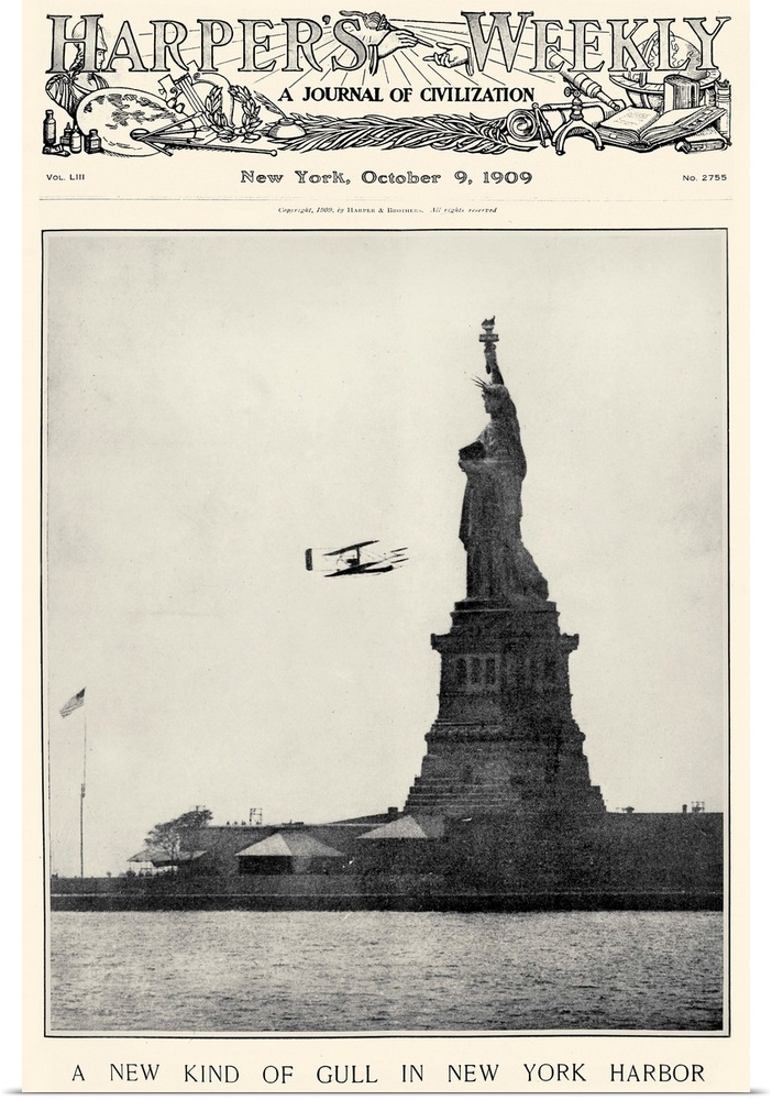 Front page of 'Harper's Weekly,' 9 October 1909, with a photograph of a biplane flying near the Statue of Liberty in New Y...