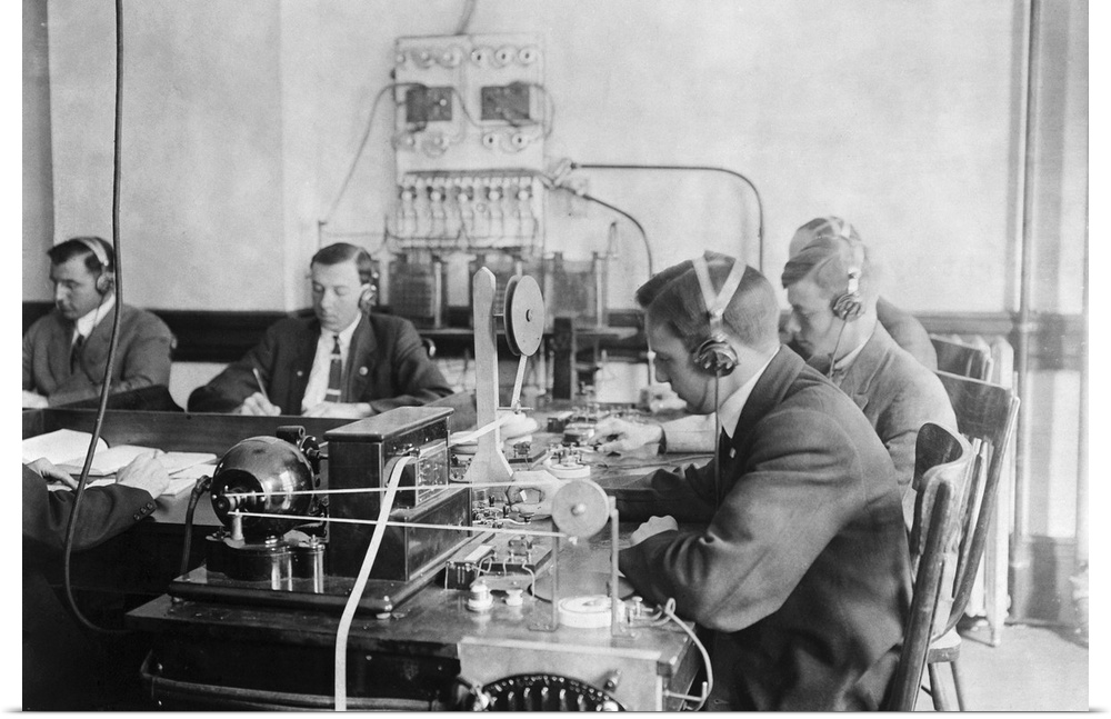 Students practicing at the Marconi Wireless Telegraph Company School in New York. Photograph, c1912.