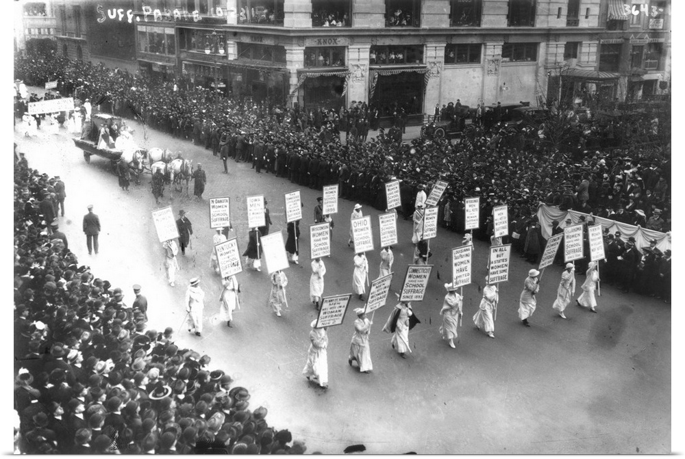 Suffragists marching for the vote up Fifth Avenue, New York City, 1913.