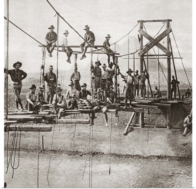Suspension bridge during construction over the irrigation canal near Giza, 1916