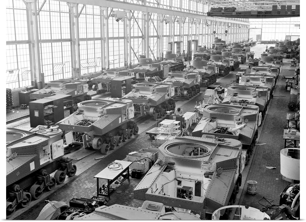 Assembly line production of M3 tanks at a Chrysler plant in Detroit, Michigan, during World War II. Photographed by Alfred...