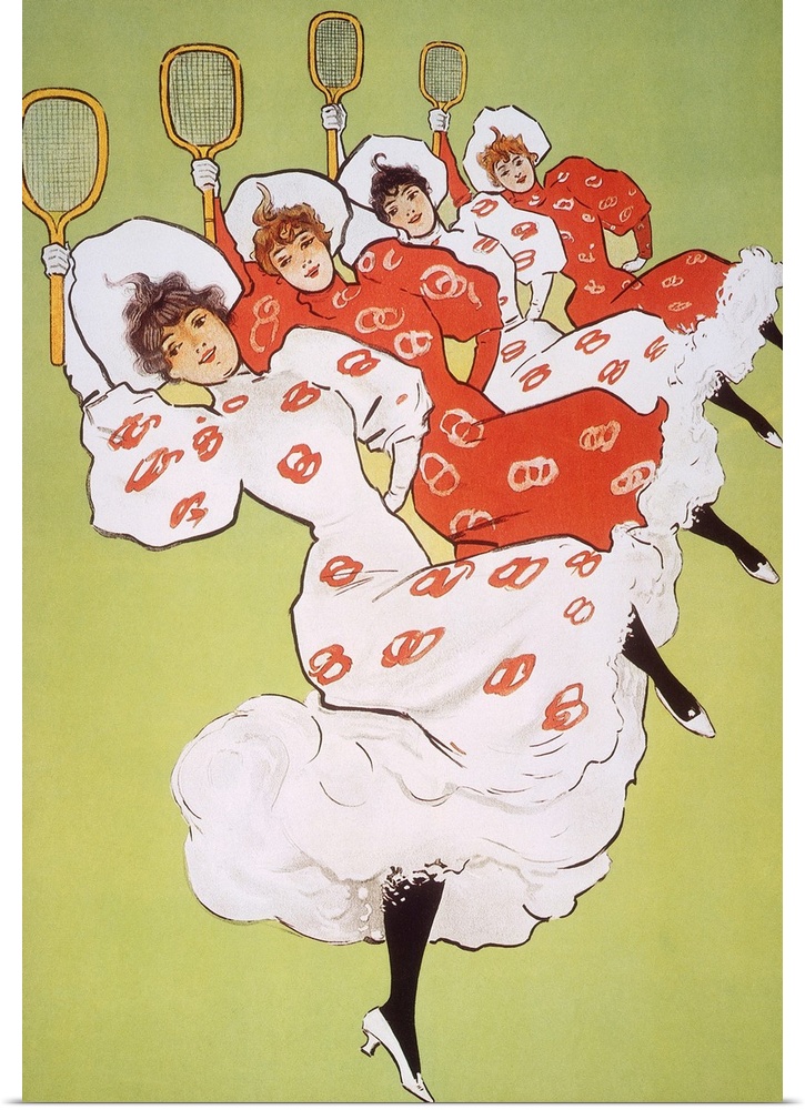A quartet of tennis-playing cancan dancers: English lithograph poster, 1900, for the theatrical production of George Rober...